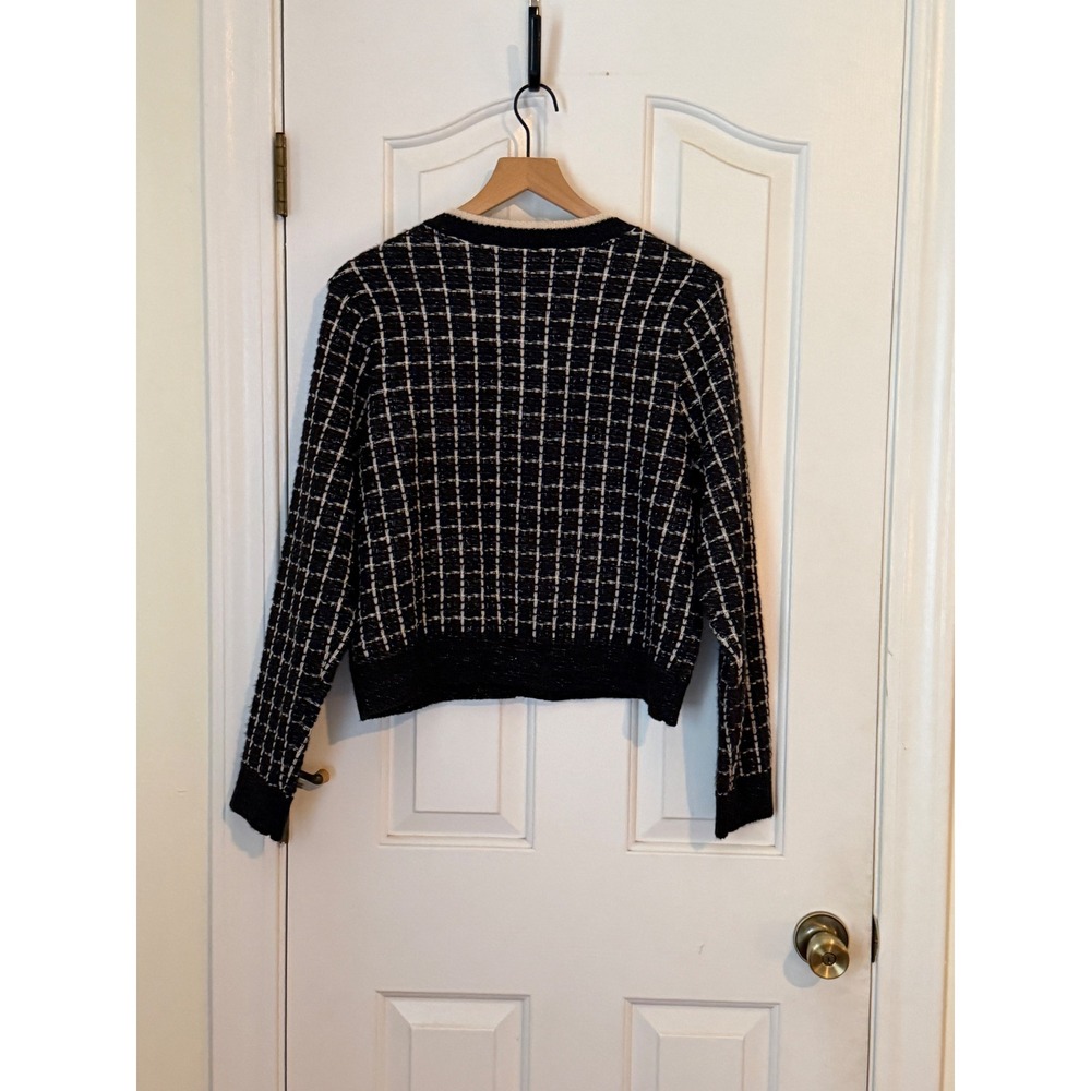Ellen Tracy | Plaid Stitch Lady Jacket Cardigan Large Black Metallic Gold Button - Picture 6 of 10